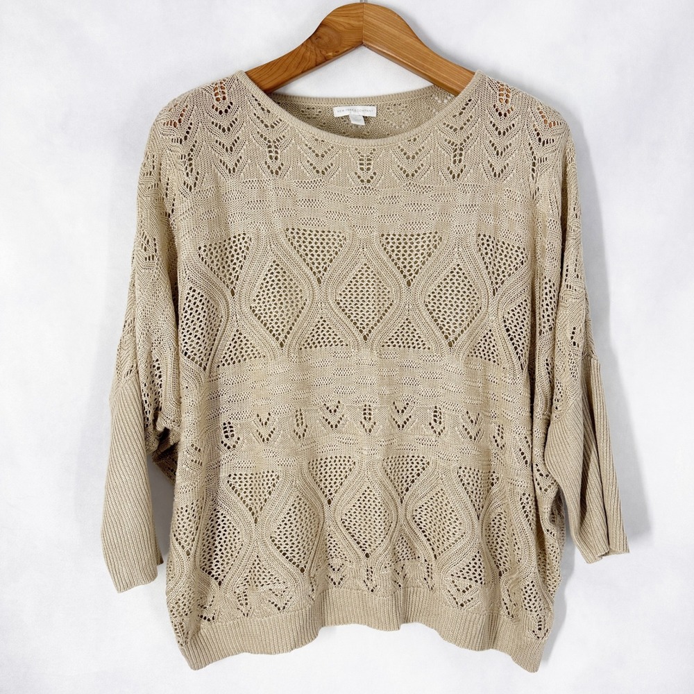 New York & Company 3/4 Sleeve Pointelle Tan Dolman Sleeve Sweater Womens Size XL